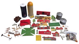Assorted Model Railroad Scenery Lot  Buildings, Silos, M-K-T Train Car, Signs & Farm Accessories