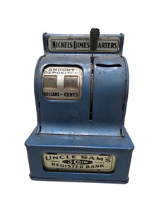 Vintage Uncle Sam’s 3-Coin Register Bank Blue Metal Coin Bank
