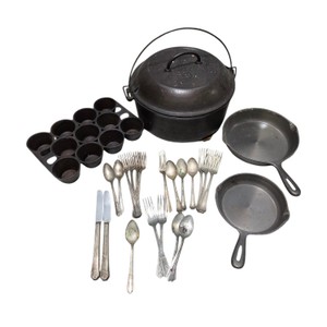 Cast Iron Cookware Lot With Silver Plated Flatware - Dutch Oven No. 6, Skillets & Muffin Pan