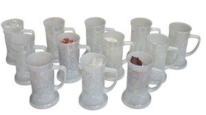 Lot of 12 Iridescent Milk Glass Beer Steins  Tavern Scene Mugs
