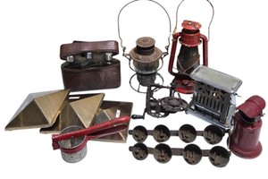 Vintage Household & Camping Decor Lot  Lanterns, Flask Set, Bells, Toaster, Brass Pieces