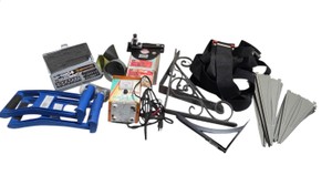 Mixed Hardware & Tool Lot  Wall Brackets, Stakes, Battery Charger, Router Bit Sharpener, Straps
