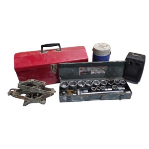 Mixed Tool Lot  Red Metal Toolbox, Socket Set, Scissor Jack, Utility Heater & Cooler