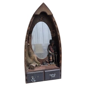 Pirate Ship Wall Mirror  Shelf Decor With Drawers & Pirate Figurine