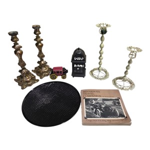 Mixed Home Dcor Lot  Ornate Candle Holders, Lantern, Black Glass Bowl, Book & Decorative Pieces