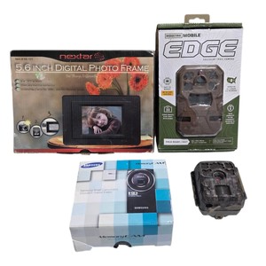 Estimated $200 value Moultrie Mobile Edge Trail Camera, Nextar Digital Photo Frame & Samsung MemoryCam Lot