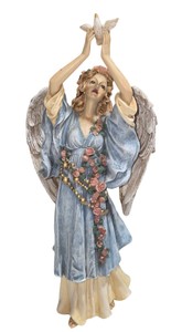 Angel Figurine With Dove & Floral Garland - Blue Dress, Winged Religious Decor