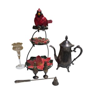 Mixed Decor Lot - Cardinal Poinsettia Stand, Silverplate Coffee Pot, Shakers & Candle Items