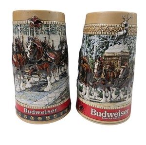 Pair of 1988 Budweiser Holiday Beer Steins Clydesdale Horse Anheuser-Busch C Series