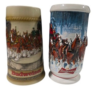 Pair of Budweiser Clydesdale Beer Steins Anheuser-Busch Horse Team Holiday Lot