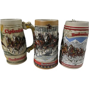3 Budweiser Clydesdale Beer Steins Anheuser-Busch Collector Series Holiday Lot