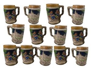 Set of 13 Ceramic Beer Stein Mugs Raised Pub Scene
