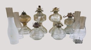 Vintage Glass Oil Lamp Lot With Chimneys Burners & Bases