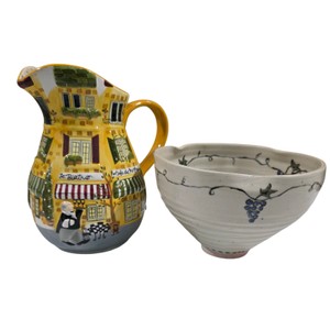 Hand-Painted Ceramic Bistro Pitcher & Grape Vine Bowl Lot