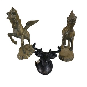 Brass UnicornPegasus Figures & Black Moose Head Wall Hook Lot