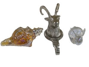 Decorative Glass Shell, Metal RamGoat Head Hook & Clear Glass Bunny Figurine Lot