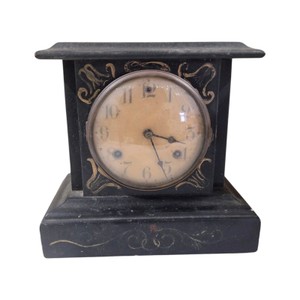 Vintage Black Mantel Clock With Decorative Gold Scroll Accents