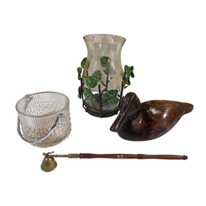 Mixed Home Dcor Lot  Wooden Duck, Glass jar with handle, Metal Leaf candle Holder & candle snuffer