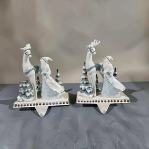 Pair of White Santa With Reindeer Winter stocking hanger Figurines  BlueWhite Christmas Dcor
