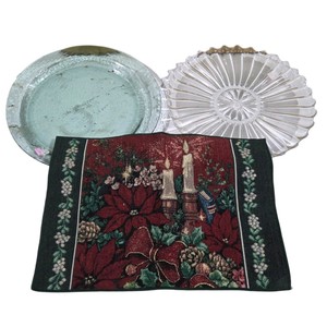 Christmas Cookie Trays & Holiday Table Mat Lot  Glass Serving Plates & Poinsettia Candle Design Mat