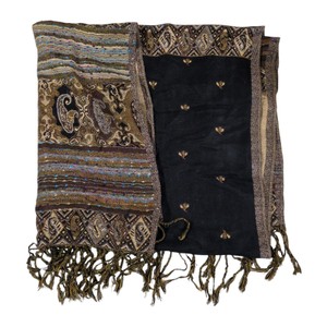 Decorative Woven Oversided Fringed Shawl  Black Gold Brown Pattern, Approx. 60 x 26