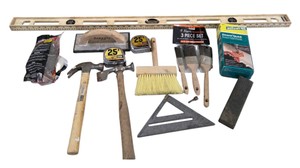 Mixed Tool Lot  48 Level, Hammers, 25 Tape Measures, Brushes, Dowel Jig & More