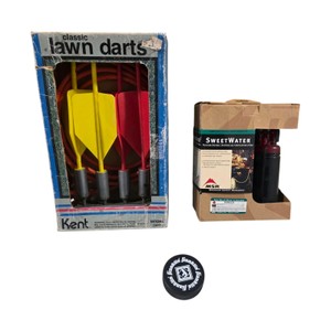 Vintage Kent Classic Lawn Darts Model 5417, MSR SweetWater Purifier System & Franklin Hockey Puck Lot