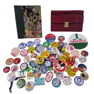 Vintage Pinback Button Lot, Photo Album & Red Organizer Case