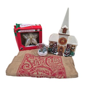 Christmas Decor Lot LED Star Tree Topper, Santa Sack, Nativity Ornament & Ceramic Church