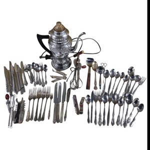 Mixed flatware, silver plated utensils & Kitchen Utensil Lot, Electric Coffee Pot, Bottle Openers & Hand Mixer
