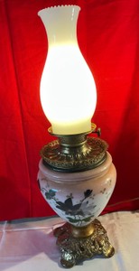 Vintage electrified glass hurricane lamp hand painted floral rose
