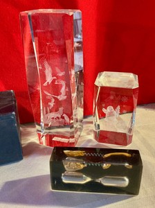 Group of 3D Etched Birds and Christmas scene paperweights