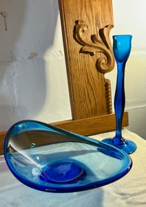Blue art glass compote and candlestick holder Danish