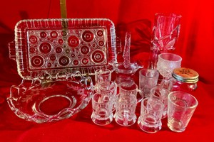 Group vintage clear glass brides basket, EAPG and other misc. etched glass items