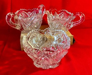 Vintage EAPG glass condiment set, cream & sugar and candy dish