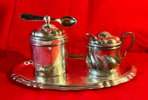 Silver tone cream & sugar set with tray and spoon