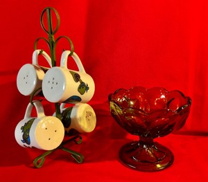 Collectable Takahashi green mushroom Salt & Pepper shaker sets with candy dish