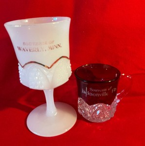 Pair of glass souvenir cups ruby red and milk glass
