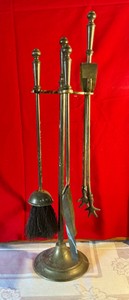 Vintage brass fireplace tool set, urn-style finials with matching stand