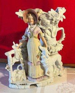 Vintage made in Germany bisque Victorian lady with dog, planter. Possibly Carl Schneider