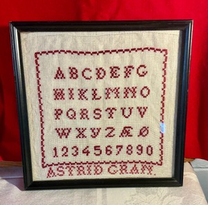 Vintage framed embroidered sampler Astrid gran