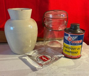 Vintage 1910 stoneware snuff jar and other advertising items