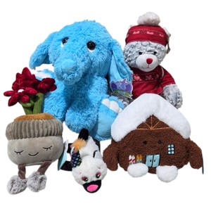 Assorted Plush Toy Lot of 5  Blue Elephant, Helzberg Bear, Cat, Flowers & House