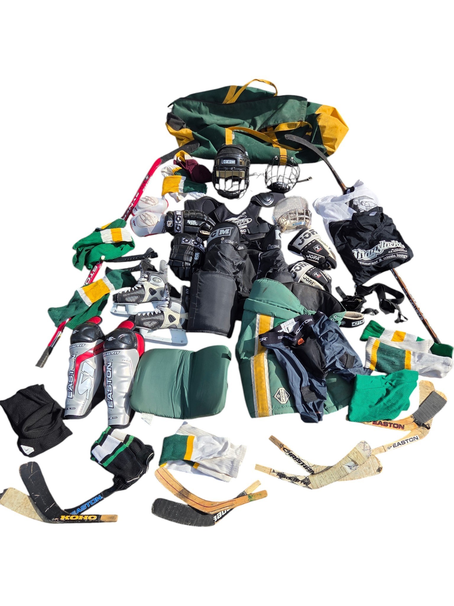 Large Mixed Hockey Equipment Lot  CCM, Easton, JOFA, Tackla, Skates, Helmets, Pads & Sticks