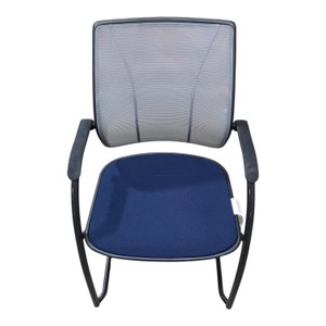 Approx. $900 Retail  UsedHumanscale Liberty Side Chair  Tri-Panel Mesh Back, Blue Upholstered Seat, Fixed Arms & Black Cantilever Sled Base  Clean