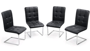 Set of 4 Modern Black Tufted Leather-Look Dining Chairs w Chrome Cantilever Sled Bases  Contemporary High-Back Design