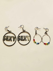 2 Pairs Costume Hoop Earrings  SEXY Word Design & Rainbow Beads