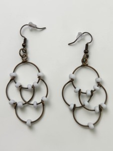 Handmade Bronze-Tone Linked Circle Drop Earrings with White Beads  1 Pair