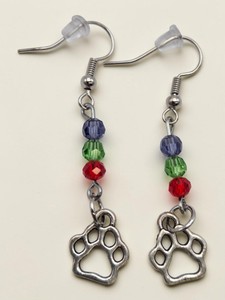 Handmade Silver-Tone Paw Print Dangle Earrings with Multicolor Beads  1 Pair