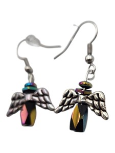 Silver-Tone Angel Wing Dangle Earrings with Iridescent Beads  1 Pair
